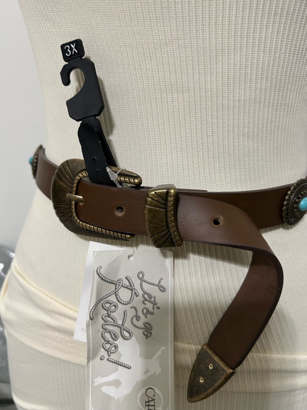 NWT Cato Western-Style Brown Leather Belt with Turquoise Accents 1X2X - Picture 2 of 5